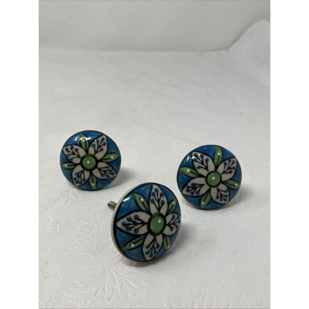 3 Painted Ceramic Cabinet Knobs Blue White Green Floral Drawer Pulls 1.75” D